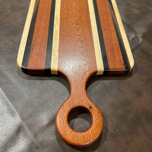 Custom cutting board for sale. Lacewood, Bocote, and maple.